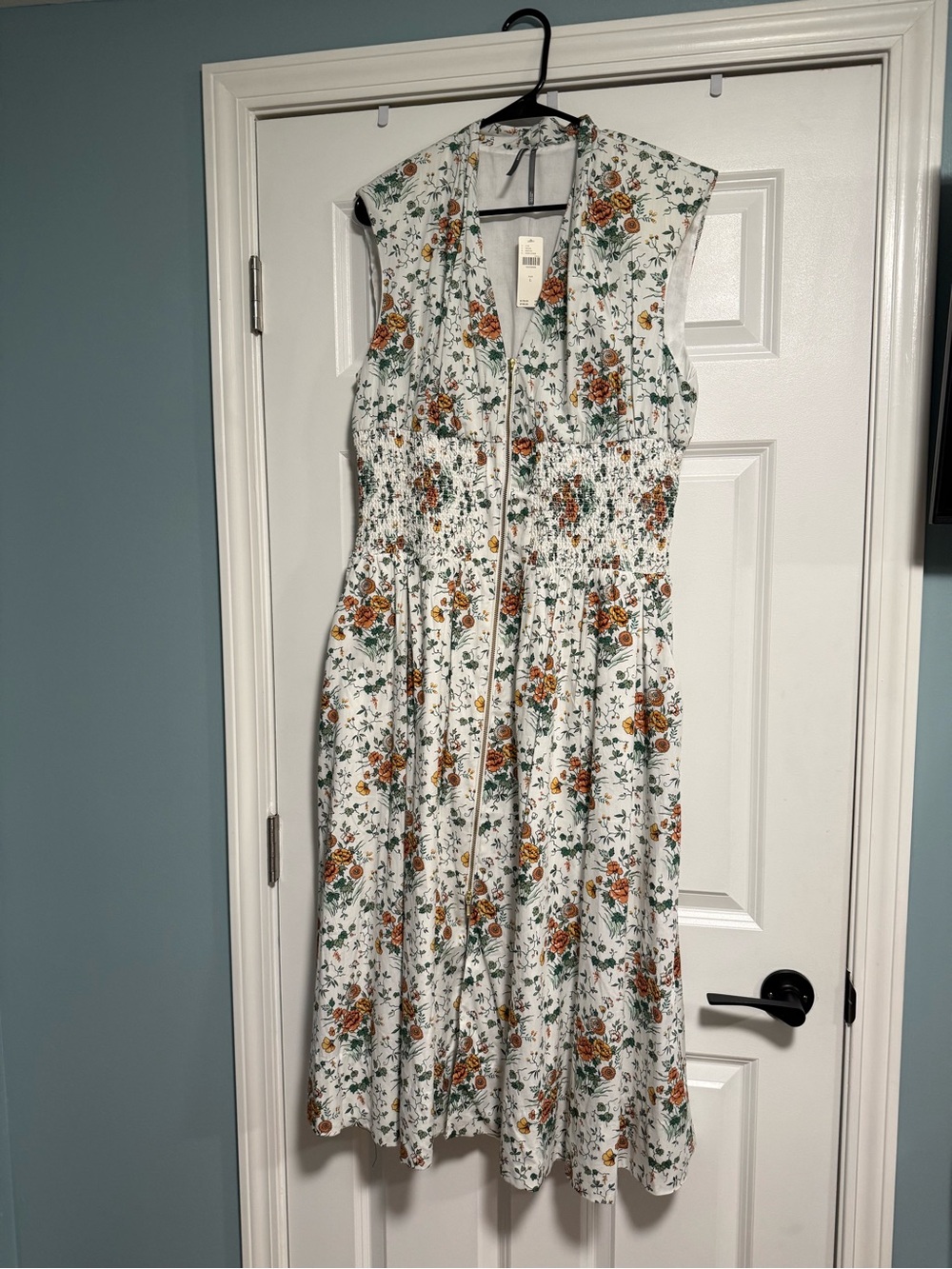 Anthropologie Maeve Tommie Cap Sleeve Smocked Front Zip Midi Dress NWT